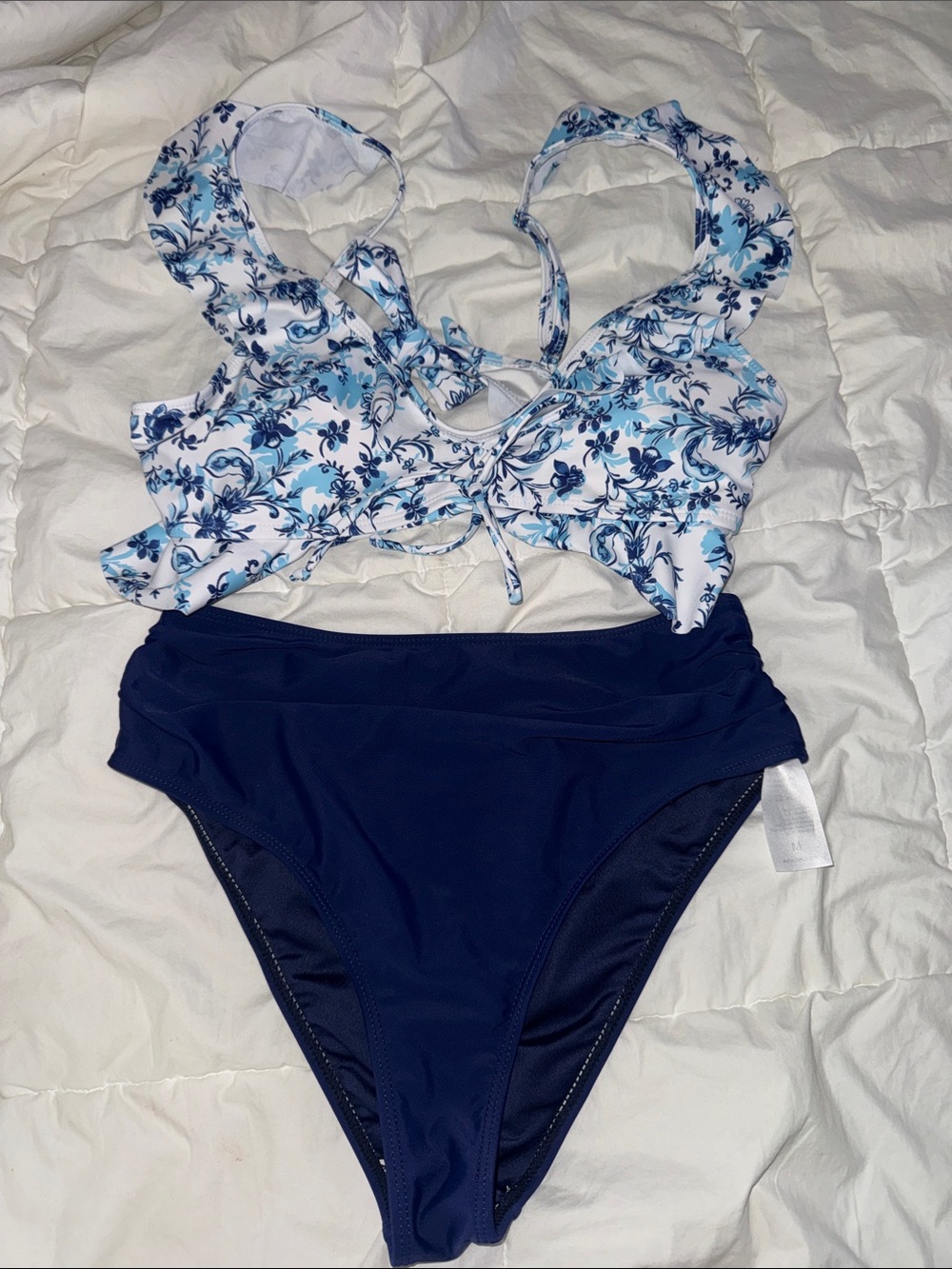 SHEIN Blue Floral Tie-Front Tankini with Navy Bottoms